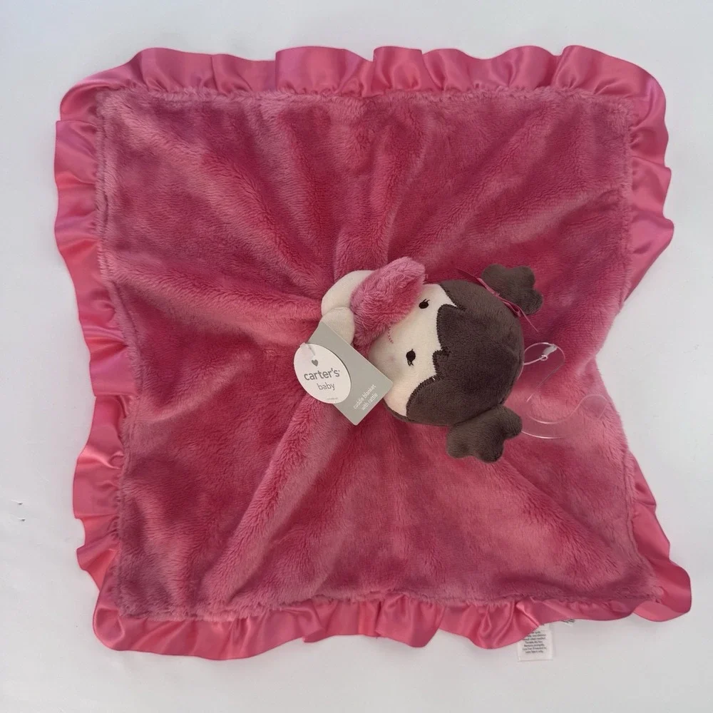 Pink Security Blanket by Carters Rattle Doll Silky Lovey Baby Brown Hair Gift